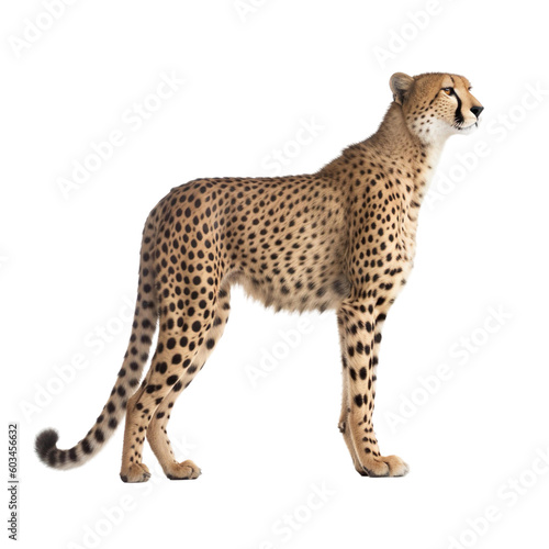 Side view of animal cheetah standing on a transparent background, Generative ai