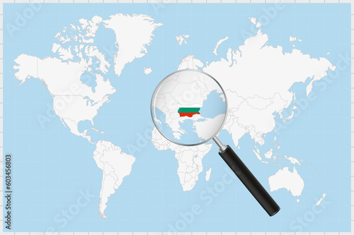 Magnifying glass showing a map of Bulgaria on a world map.