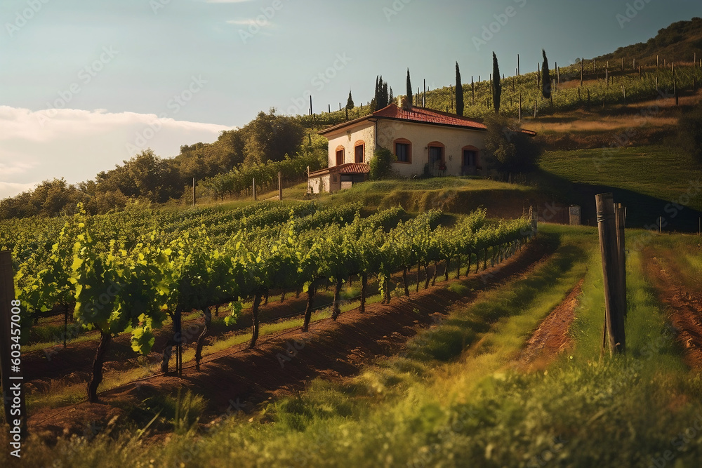 Italian vineyard landscape with a house. Generative AI