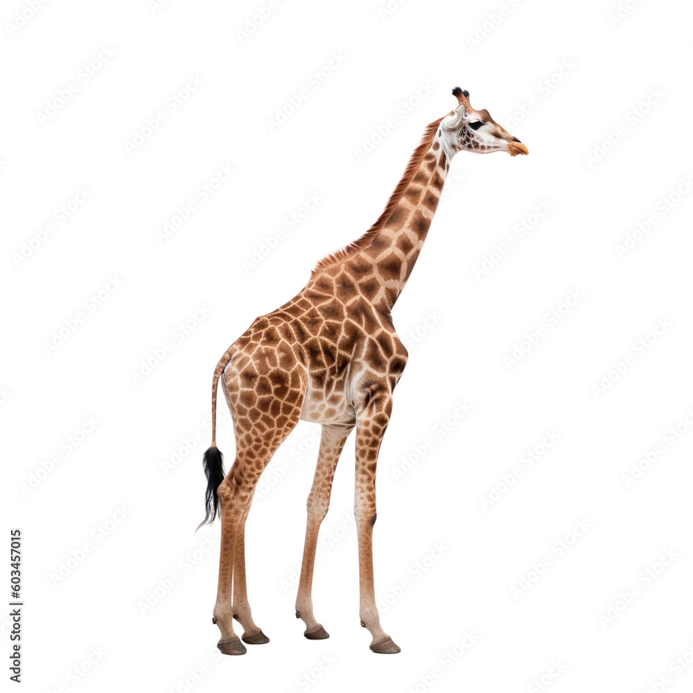 Obraz premium Side view of animal Giraffe standing on a transparent background, Generative ai
