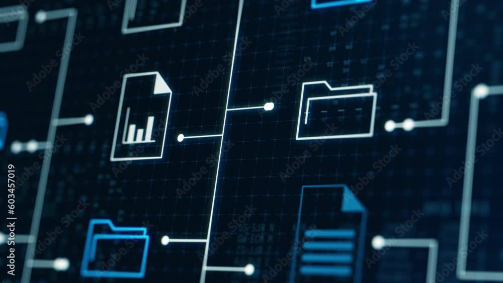 futuristic holographic interface of a file manager, folder structure with documents and data scanning, digital document storage software, cloud database, search and manage documents,paperless office, 
