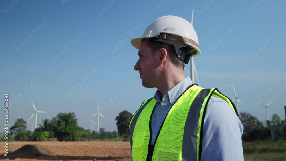 Male engineer standing in a windmill alone. He felt refreshed among the fields of windmills. Male engineer standing in a windmill alone. He felt refreshed among the fields of windmills.