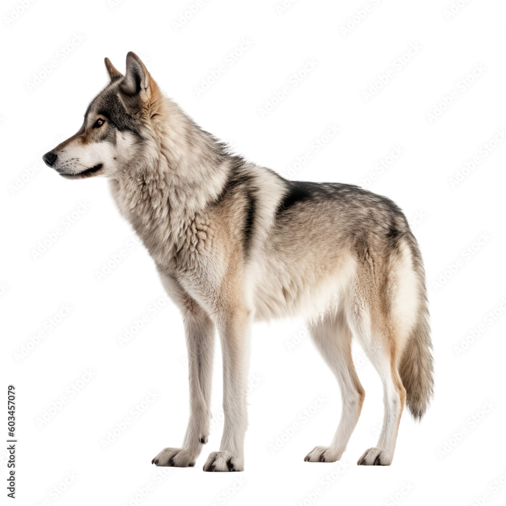 Side view of animal grey wolf standing on a transparent background, Generative ai