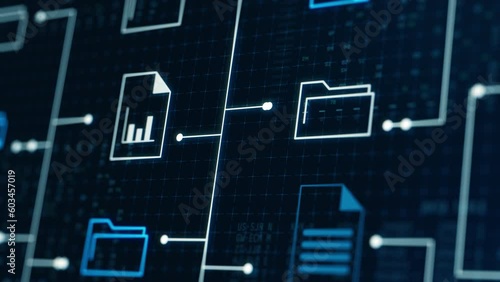 futuristic holographic interface of a file manager, folder structure with documents and data scanning, digital document storage software, cloud database, search and manage documents,paperless office, 