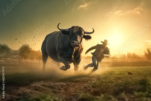 The cowboy runs away from the bull. generative ai