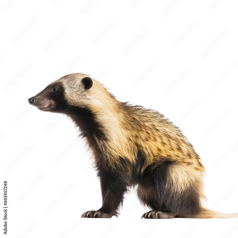 Side view of animal Honey Badger standing on a transparent background, Generative ai