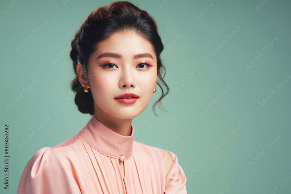 Beautiful asian woman portrait on a pastel background. Generative AI illustration Beautiful asian woman portrait on a pastel background. Generative AI illustration