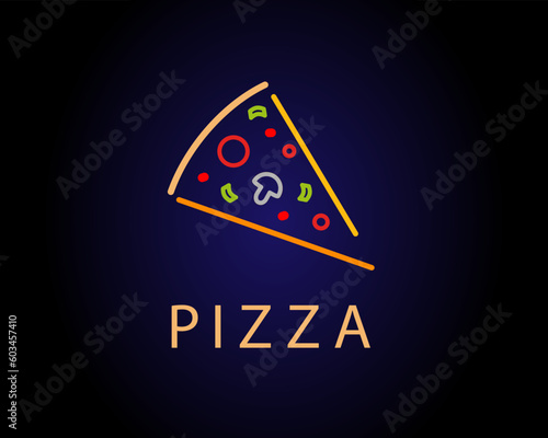 Neon slice of pizza with text. Piece. Advertisement.  Sign for Pizza cafe restaurant. 