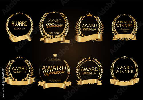 Golden laurel wreath with golden ribbon vector Award winner collection