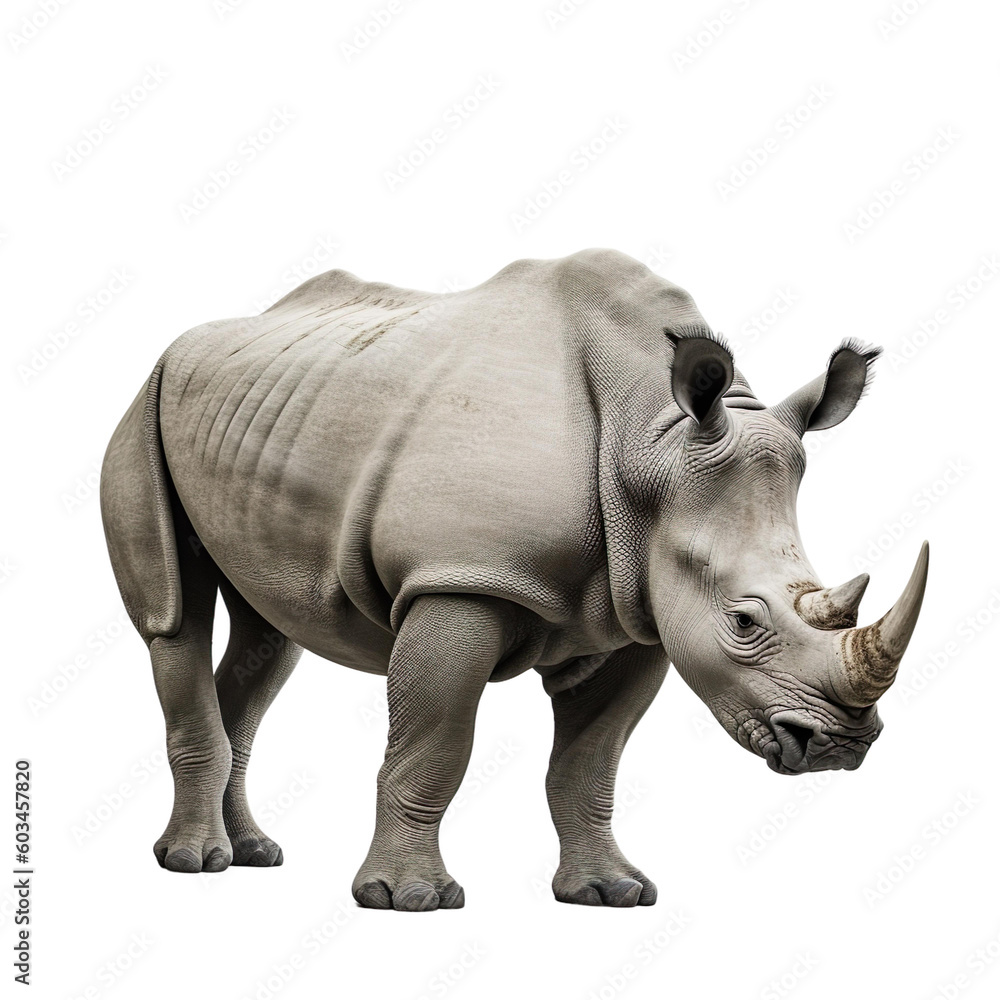 Fototapeta premium Side view of animal Rhinoceros standing on a transparent background, Generative ai