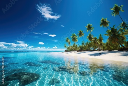 Sunny beach blue ocean background. Illustration AI Generative.