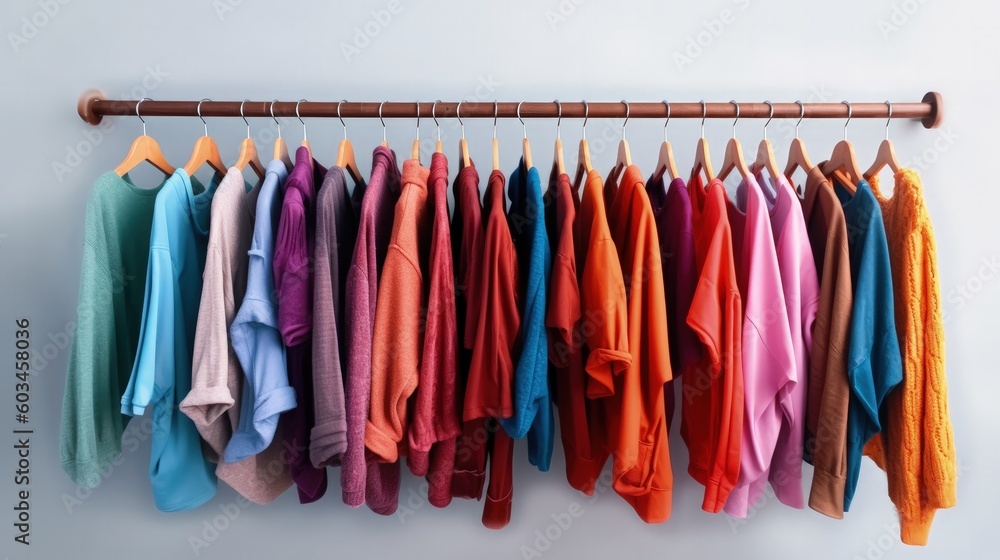 Colorful clothes hang on hangers Illustration AI Generative.