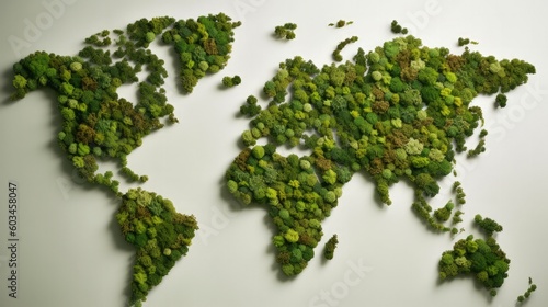 World map from green leaves. Illustration AI Generative.