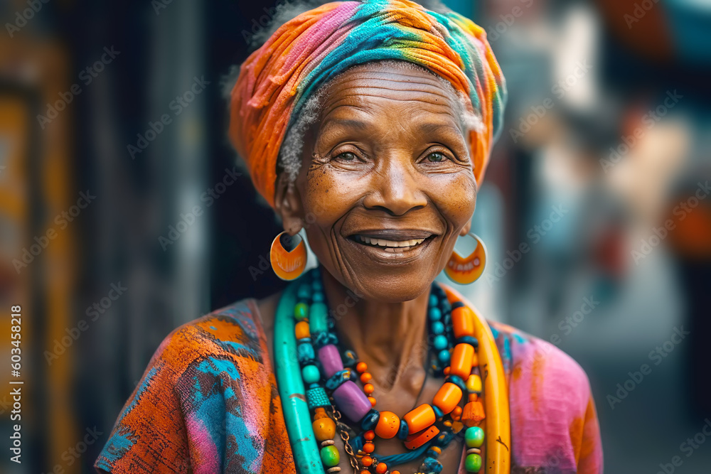 Smiling elderly black woman in orange headscarf and beads. Generative AI illustration