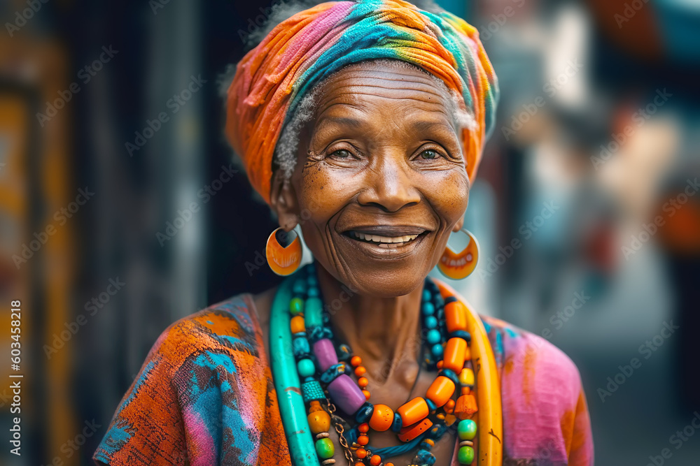 Fototapeta premium Smiling elderly black woman in orange headscarf and beads. Generative AI illustration