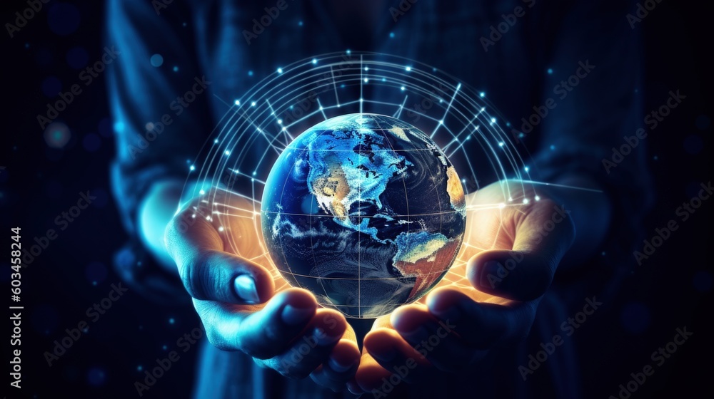 Hands with virtual global internet connection metaverse Illustration AI Generative. Hands with virtual global internet connection metaverse Illustration AI Generative.