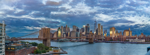 View of the Brooklyn Bridge and Lower Manhattan at sunrise, New York City.