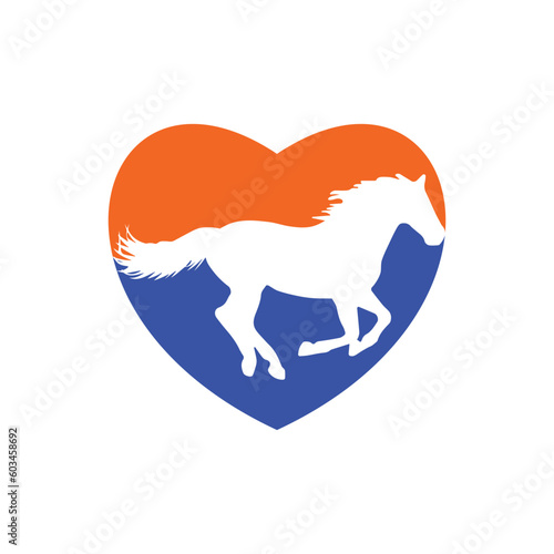 Horse running icon vector illustration inside a shape of heart orange and blue color. 