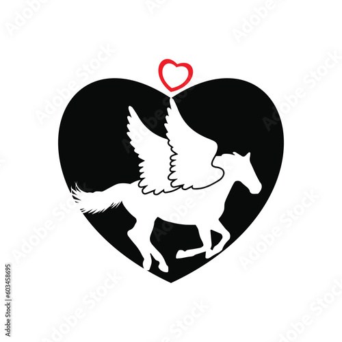Horse running icon vector illustration with shape of heart and flying horse with wings unique design.	
