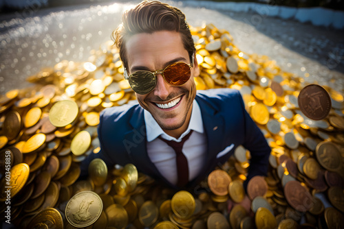 Happy smiling laughing rich businessman sun glasses in a business suit lies on a pile of gold coins. Success business concept. Generative AI photo