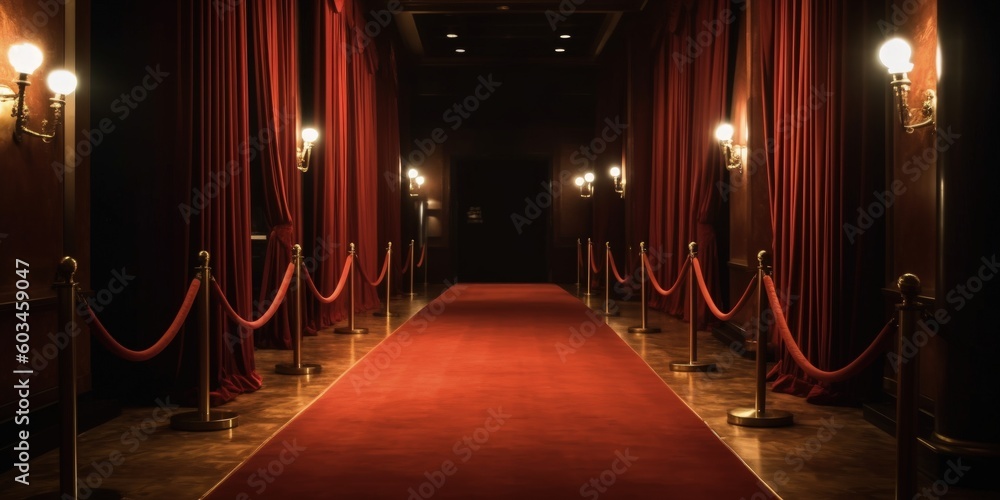 Red carpet, rope barriers and spot lights behind curtains indoors Illustration AI Generative. Red carpet, rope barriers and spot lights behind curtains indoors Illustration AI Generative.