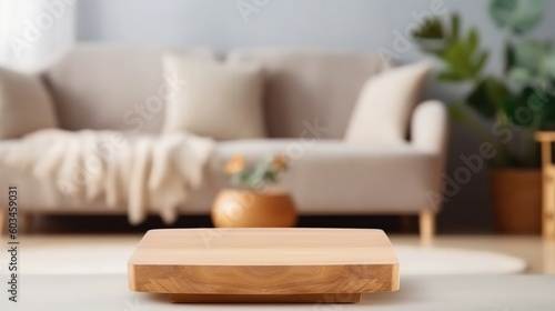 Wooden board on living room background Illustration AI Generative.