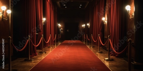 Red carpet  rope barriers and spot lights behind curtains indoors Illustration AI Generative.