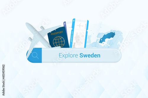 Searching tickets to Sweden or travel destination in Sweden. Searching bar with airplane, passport, boarding pass, tickets and map.