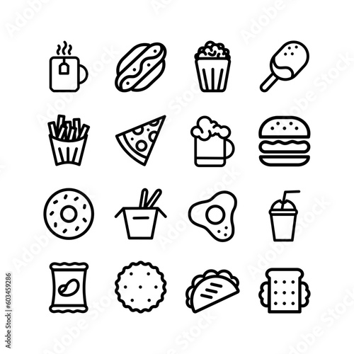 Fast food vector icon set with text. Pizza, taco, hamburger, fries potatoes, popcorn, ramen noodle soup, hot dog, popcorn, ice cream, chips, hot dog, donut, sandwich.