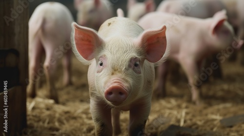 Piglet with pink ears on pig farm for raising pigs