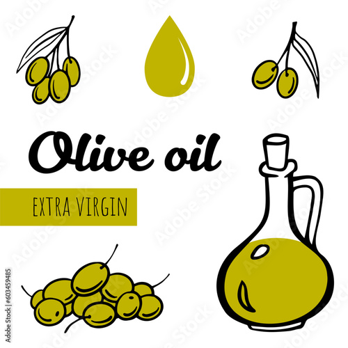 Olive branches and fruits with olive oil bottle extra virgin. Outline vector illustration set. Doodle elements for oil package, logotype, olive products company designs.