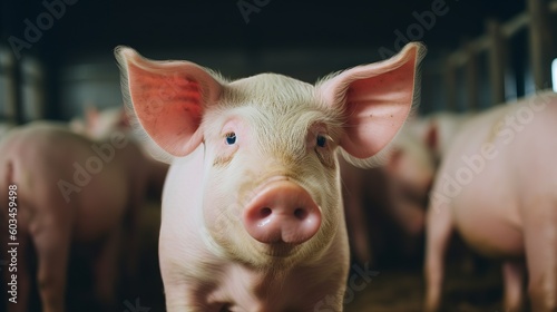 Piglet with pink ears on pig farm for raising pigs