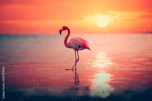 Pink flamingo stands in the sea against the backdrop of the setting sun. Generative AI