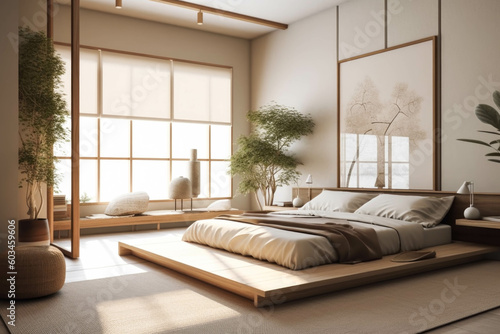 A serene and zen-inspired bedroom with a platform bed, minimalistic decor, and a calming color palette for a peaceful and restful atmosphere. Generative AI