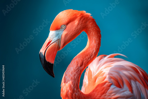 Pink flamingo close-up on a blue background. Generative AI