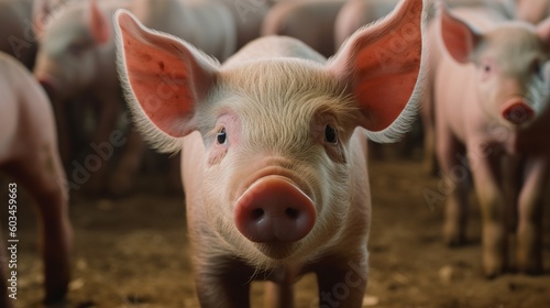 Piglet with pink ears on pig farm for raising pigs © Jardel Bassi