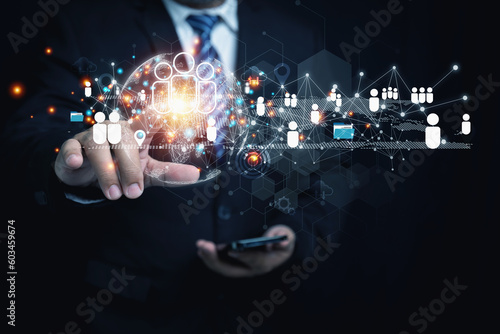 Fototapeta Naklejka Na Ścianę i Meble -  Technology customer relationship management. Businessman touching virtual human icon with network online for business customer relationship management. Customer service, digital marketing online.