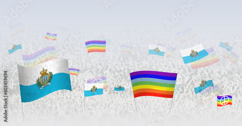 People waving Peace flags and flags of San Marino. Illustration of throng celebrating or protesting with flag of San Marino and the peace flag.