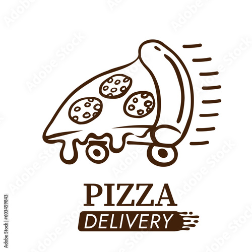 Pizza doodle outline vector logo. Slice of pizza with wheels for delivery service, restaurant, dinner and italian menu. Graphic icon on white background. Pizzeria logo template.