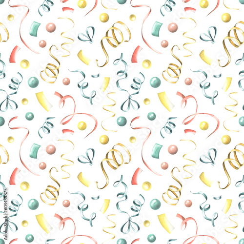 Multicolored ribbons and confetti on a white background. Watercolor illustration. festive, congratulatory, seamless pattern from the collection of HAPPY BIRTHDAY. For wrapping paper, fabric, textile