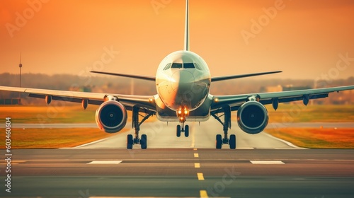 Passenger jet airplane landing during the sunset