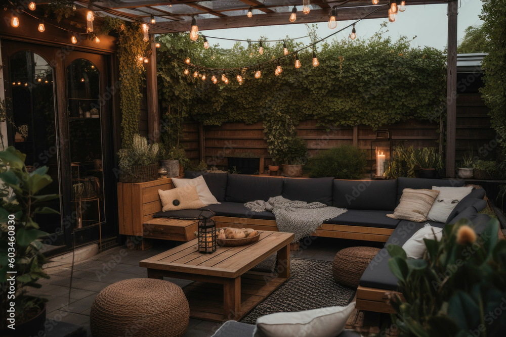 Fototapeta premium A cozy and inviting outdoor patio with comfortable seating, string lights, and lush greenery, perfect for relaxation and entertaining. Generative AI