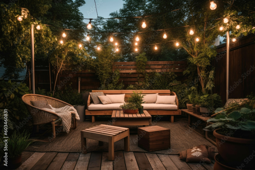 A cozy and inviting outdoor patio with comfortable seating, string lights, and lush greenery, perfect for relaxation and entertaining. Generative AI A cozy and inviting outdoor patio with comfortable seating, string lights, and lush greenery, perfect for relaxation and entertaining. Generative AI