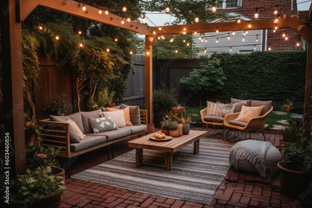 Fototapeta premium A cozy and inviting outdoor patio with comfortable seating, string lights, and lush greenery, perfect for relaxation and entertaining. Generative AI