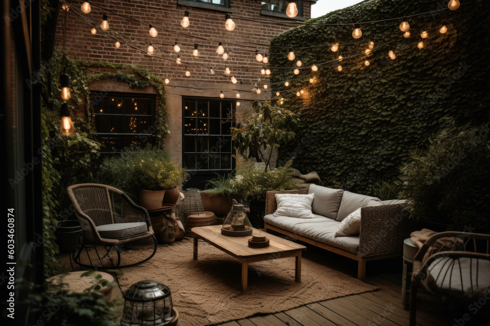 A cozy and inviting outdoor patio with comfortable seating, string lights, and lush greenery, perfect for relaxation and entertaining. Generative AI
