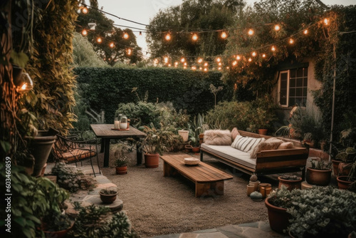 A cozy and inviting outdoor patio with comfortable seating, string lights, and lush greenery, perfect for relaxation and entertaining. Generative AI