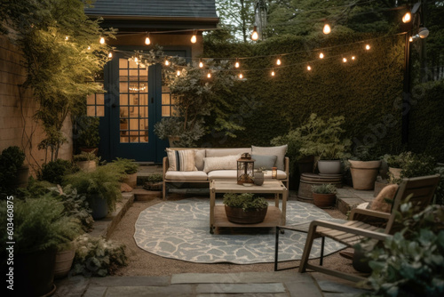 A cozy and inviting outdoor patio with comfortable seating  string lights  and lush greenery  perfect for relaxation and entertaining. Generative AI