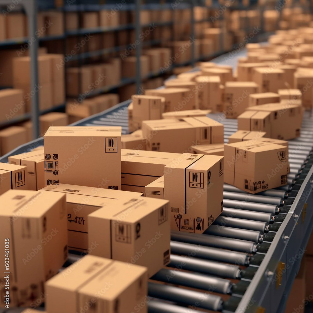 Top view of workers with papers and a digital tablet having a discussion among boxes laid on conveyor belts at a distribution warehouse. High quality illustration made with Generative AI Top view of workers with papers and a digital tablet having a discussion among boxes laid on conveyor belts at a distribution warehouse. High quality illustration made with Generative AI