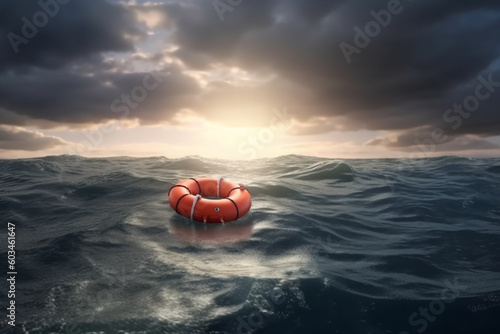 Lifebuoy floating on dramatic ocean waves. Help in crisis concept. Generative AI