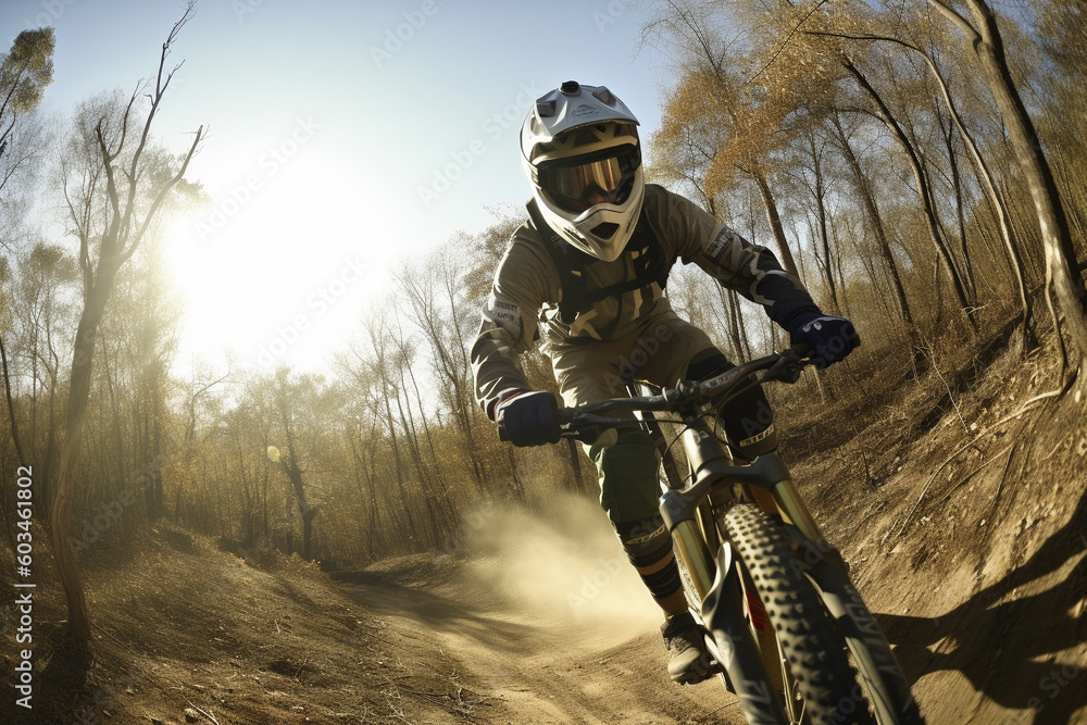 Mtb bike adventure ride, POV action camera. Active person outdoor. Generative AI